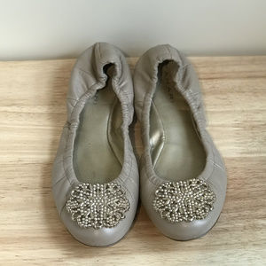 Elie Tahari Nude Flats with Gold Embellishment